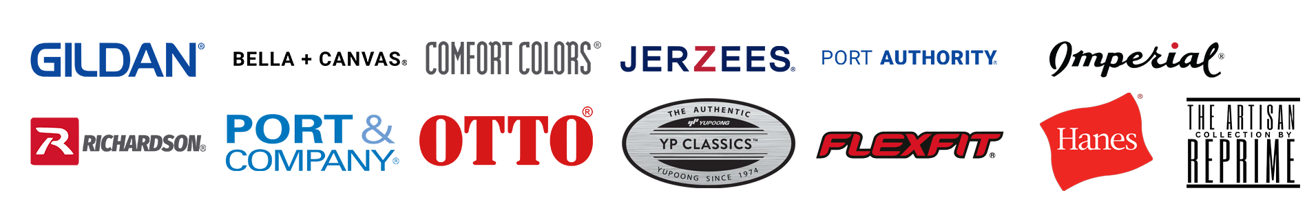 featured brands: Gildan, Bella Canvas, Comfort Colors, Jerzees, Port Authority, Imperial, Richardson, Port & Company, Otto, YP Classics, Flexfit, Hanes, and The Artisan Collection by Reprime