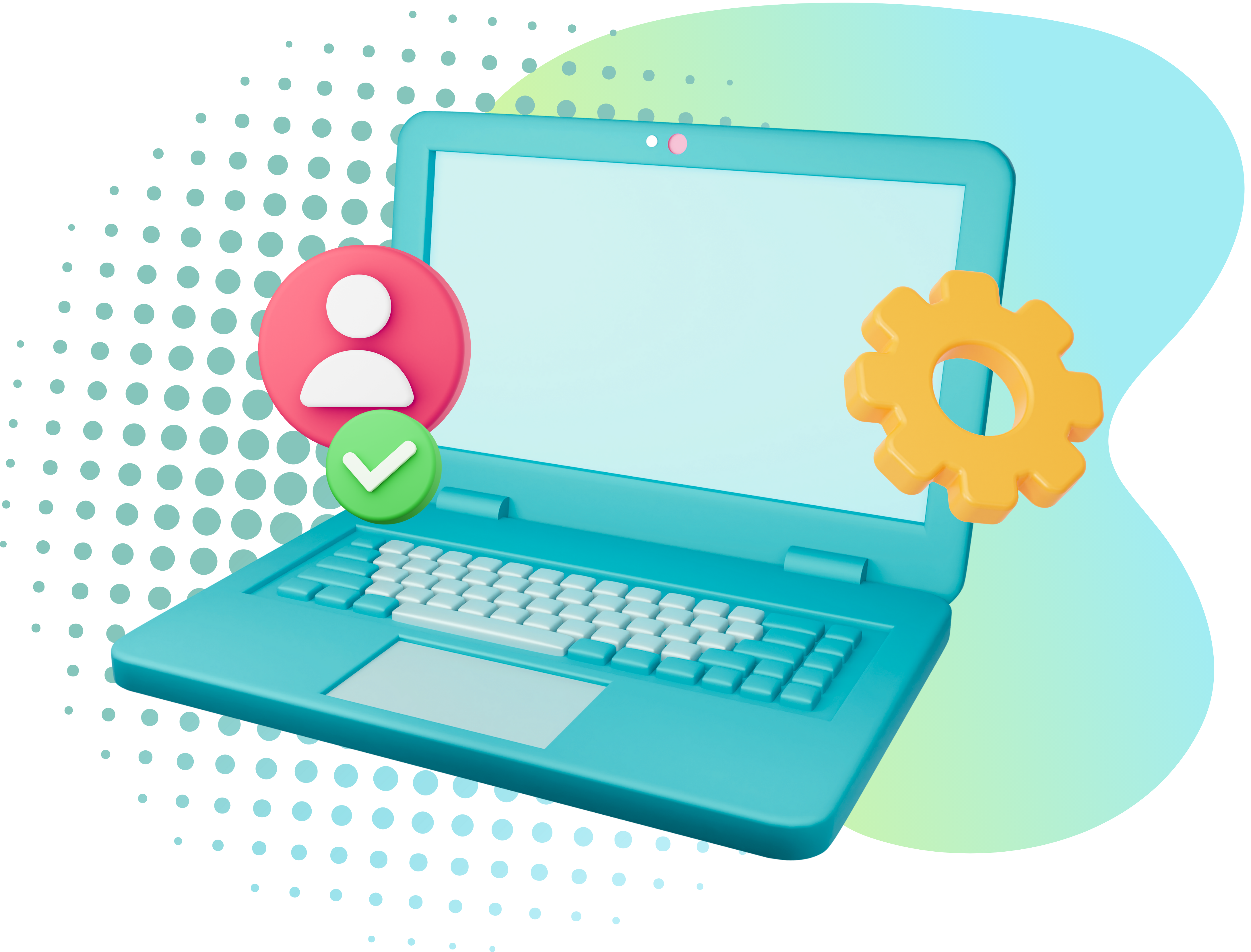 3D illustration of a turquoise laptop with a user profile icon and gear, representing account login and settings on a dotted teal background.